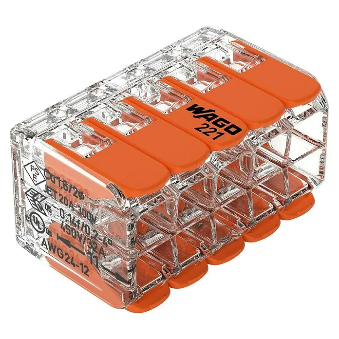 Wago Hebelklemme 221-420 - Anzahl Leiter: 10 Stk., 0,2 mm² - 4 mm², 5 Stk. - Bild eines Wago 221-Verbindungsstücks, einem transparenten Klemmeblock mit orangefarbenen Hebeln, der für schnelle und sichere elektrische Verbindungen sorgt.