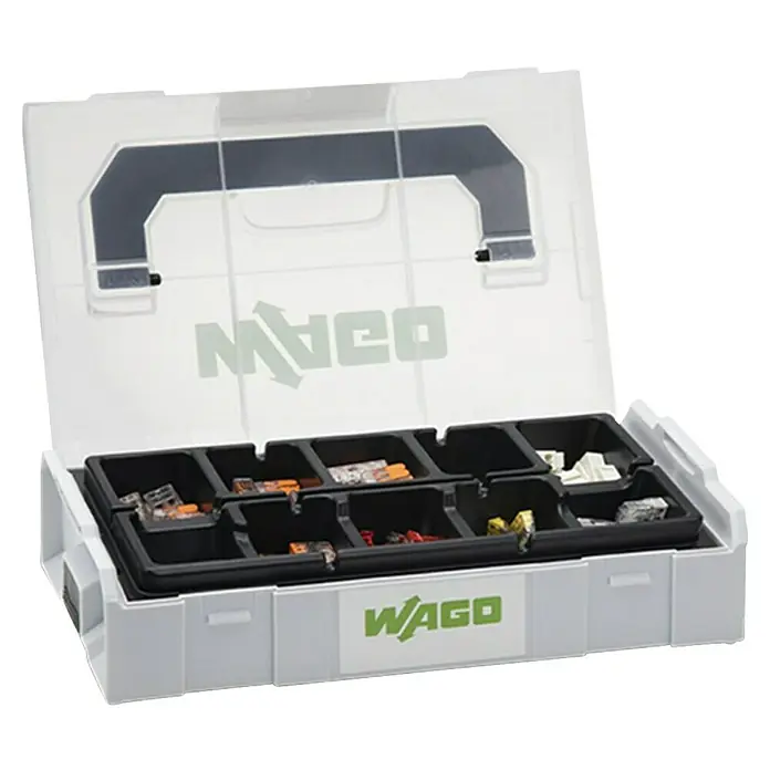 Wago Set Verbindungsklemmen L-BOXX Mini 195-teilig - 1 Stk. - Eine geöffnete WAGO-Box, gefüllt mit verschiedenen elektrischen Verbindungselementen, präsentiert die Vielfalt der WAGO-Produktpalette für sichere Elektroinstallationen.