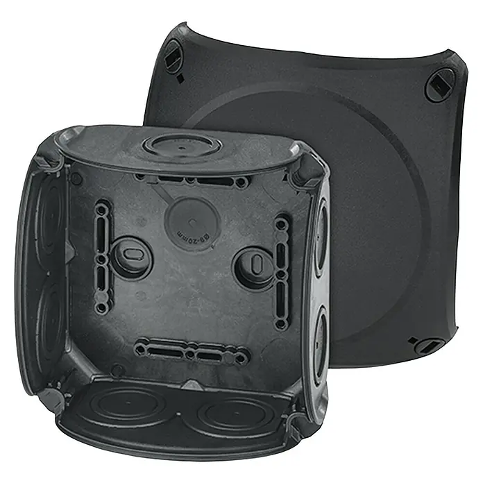 Hensel  Abzweigkasten DK 0600 B - 130 x 130 x 77 mm - Schwarze Elektronikdose und Deckel. Die Kunststoffdose verfügt über mehrere Auslässe zur einfachen Kabelinstallation.