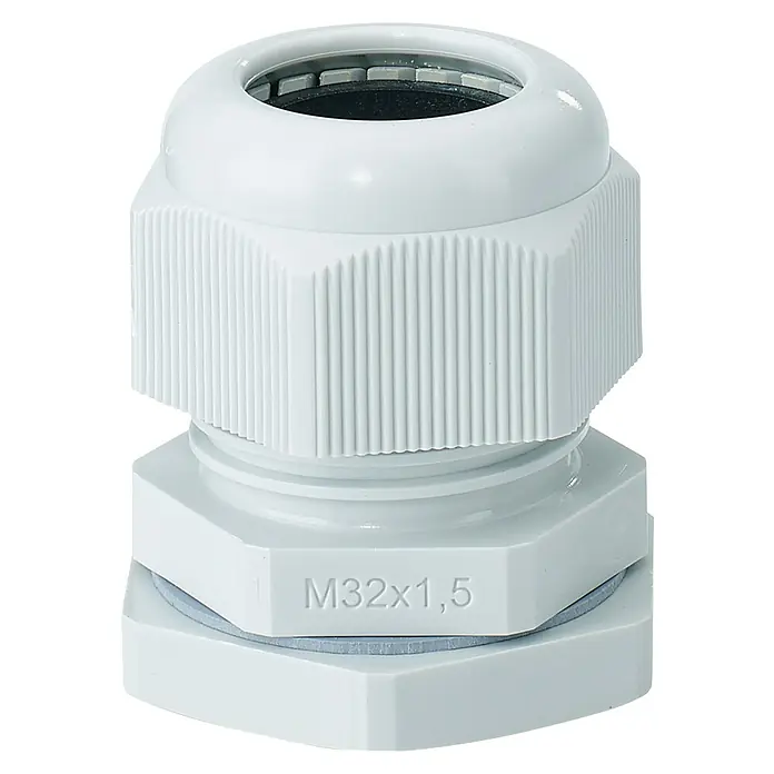 Hensel  Kabelverschraubung AKM - 32 - Detailaufnahme einer weißen Kabelverschraubung M32x1,5 für sichere Kabelverbindungen. Robust und zuverlässig für vielfältige Anwendungen.