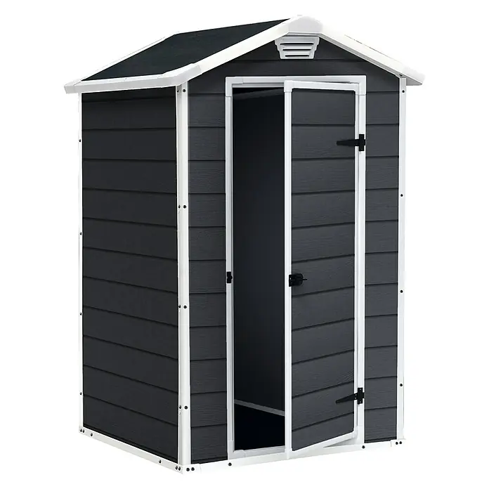 Keter Gerätehaus Manor 4x3 - Außenmaß inkl. Dachüberstand (B x T): 129 x 103 cm, Kunststoff, Anthrazit/Weiß - Ein graues Gartenhaus mit weißem Rahmen und geöffneter Tür, ideal für die Aufbewahrung von Gartengeräten und Werkzeugen.