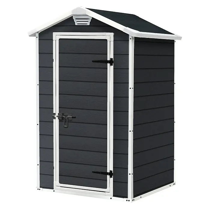 Keter Gerätehaus Manor 4x3 - Außenmaß inkl. Dachüberstand (B x T): 129 x 103 cm, Kunststoff, Anthrazit/Weiß - Grauer Gartenschuppen mit weißem Rahmen und Tür, ideal zur Aufbewahrung von Gartengeräten und Werkzeugen im Außenbereich.