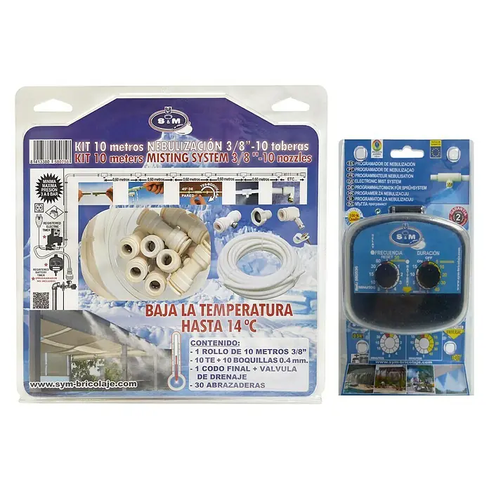 Set de nebulización kit con programador - Longitud del tubo: 10 m, Programador, Presión de funcionamiento: 3 bar - 8 bar, 54 pzs. - Kit de nebulización de 10 metros con 10 boquillas, reduce la temperatura hasta 14°C. Incluye programador de nebulización electrónico.