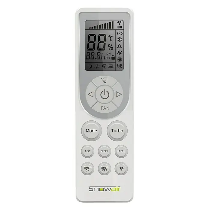 Snowair Aire acondicionado Inverter Vela 71 - 6.450 W, 6.600 W, 50 m², Blanco - Un primer plano de un mando a distancia blanco Snowair para un aire acondicionado, que muestra varias funciones y configuraciones.