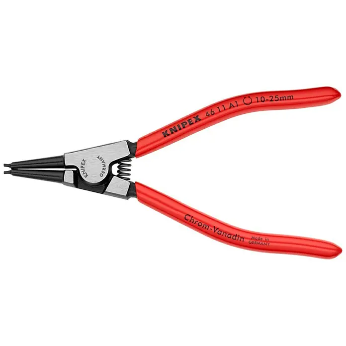 Knipex Zangen-Set - Länge: 14 cm, Passend für: Sicherungsringe auf Wellen Ø 10 – 25 mm - Eine Knipex 46 11 A1 Sprengringzange für Innenringe in Bohrungen von 10-25mm, gefertigt aus Chrom-Vanadin-Elektrostahl, ideal für Werkstattarbeiten.
