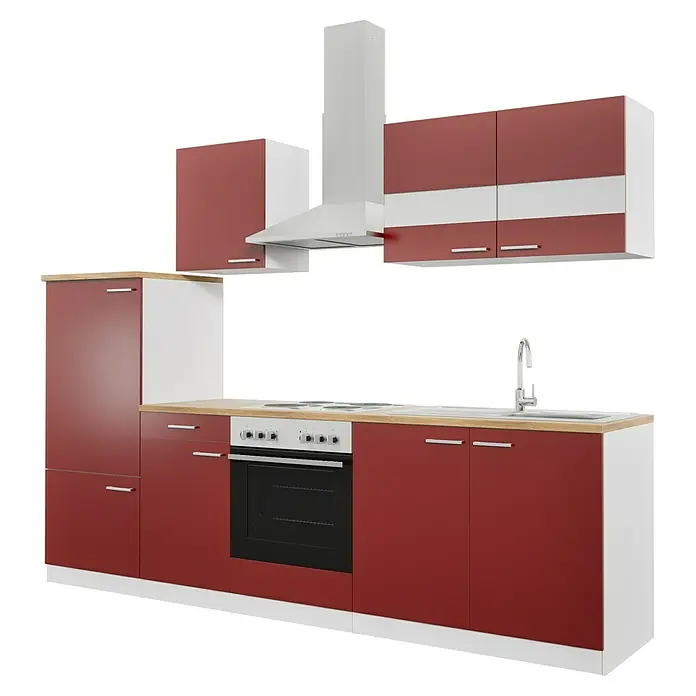 Respekta Küchenzeile Malia - Breite: 270 cm, Rot, Mit Elektrogeräten, Dekor Arbeitsplatte: Holzoptik, Volumen Backofen: 58 l - Produktbild einer modernen, rot-weißen Küchenzeile mit integriertem Herd, Spüle und Dunstabzugshaube. Ideal für moderne Wohnräume.