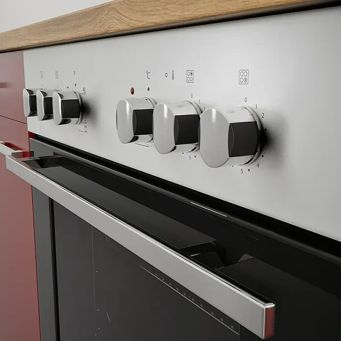 Respekta Küchenzeile Malia - Breite: 280 cm, Rot, Mit Elektrogeräten, Dekor Arbeitsplatte: Holzoptik, Volumen Backofen: 58 l - Nahaufnahme eines modernen weißen Ofens mit Edelstahlgriffen, der ein elegantes Design und hochwertige Verarbeitung zeigt.