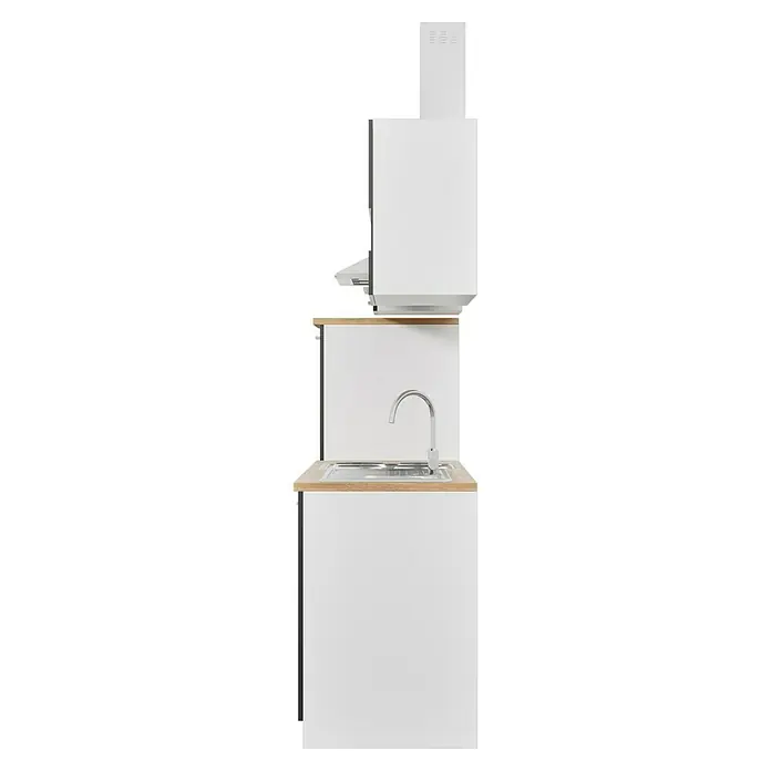 Respekta Küchenzeile Malia - Breite: 270 cm, Schwarz, Mit Elektrogeräten, Dekor Arbeitsplatte: Holzoptik, Volumen Backofen: 58 l - Ein kompakter Küchenblock mit Spüle, Armatur und weißen Fronten, ideal für kleine Räume.