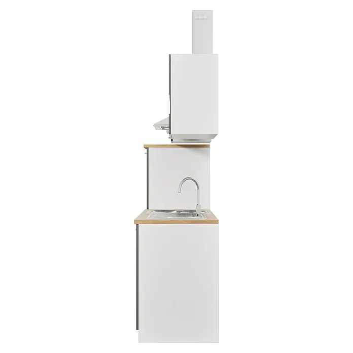 Respekta Küchenzeile Malia - Breite: 280 cm, Grau, Mit Elektrogeräten, Dekor Arbeitsplatte: Holzoptik, Volumen Backofen: 58 l - Küchenblock mit Spüle und Aufbewahrungsschränken. Das schlichte, moderne Design in Weiß passt gut in verschiedene Küchendesigns.