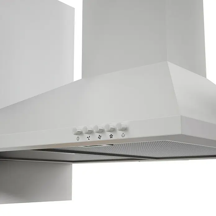 Respekta Küchenzeile Malia - Breite: 270 cm, Weiß, Mit Elektrogeräten, Dekor Arbeitsplatte: Holzoptik, Volumen Backofen: 58 l - Nahaufnahme einer weißen Dunstabzugshaube mit Bedienknöpfen für Licht und Gebläsestufen.