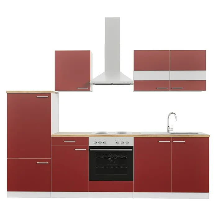 Respekta Küchenzeile Malia - Breite: 270 cm, Rot, Mit Elektrogeräten, Dekor Arbeitsplatte: Holzoptik, Volumen Backofen: 58 l - Eine moderne Küche in Rot und Weiß mit integriertem Herd, Dunstabzugshaube und viel Stauraum für Küchenutensilien.