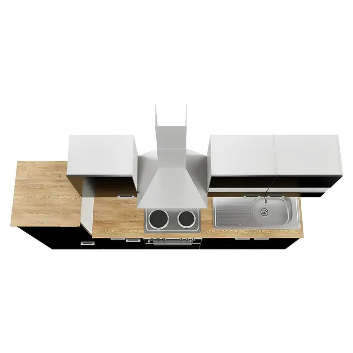 Respekta Küchenzeile Malia - Breite: 270 cm, Schwarz, Mit Elektrogeräten, Dekor Arbeitsplatte: Holzoptik, Volumen Backofen: 58 l - Draufsicht auf eine moderne Küche mit Kochfeld, Spüle, Arbeitsfläche und Dunstabzugshaube, die ein harmonisches und funktionales Design zeigt.