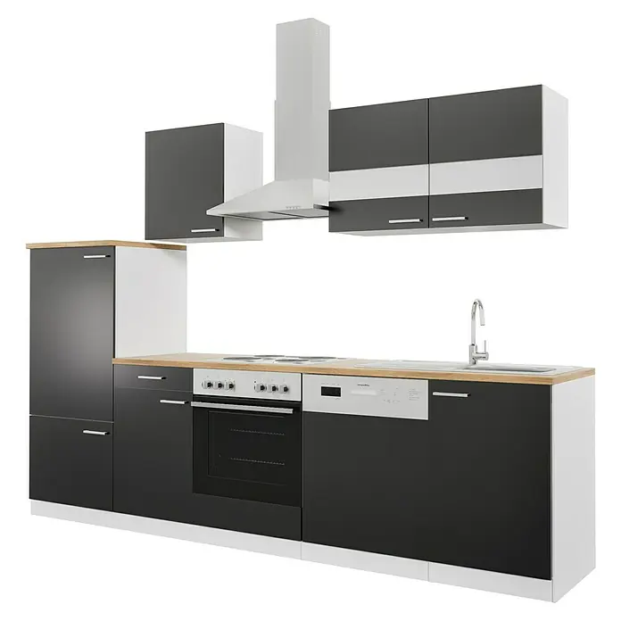 Respekta Küchenzeile Malia - Breite: 280 cm, Schwarz, Mit Elektrogeräten, Dekor Arbeitsplatte: Holzoptik, Volumen Backofen: 58 l - Küchenzeile mit modernen Schränken in Grau und Weiß, Dunstabzugshaube und eingebauten Geräten für eine stilvolle Kücheneinrichtung.