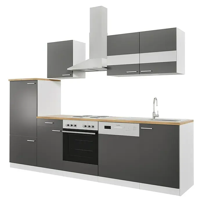 Respekta Küchenzeile Malia - Breite: 280 cm, Grau, Mit Elektrogeräten, Dekor Arbeitsplatte: Holzoptik, Volumen Backofen: 58 l - Graue und weiße Küche mit Holzarbeitsplatte, Herd, Dunstabzugshaube, Spülbecken und verschiedenen Schränken.