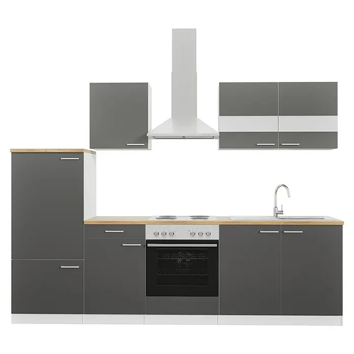 Respekta Küchenzeile Malia - Breite: 270 cm, Grau, Mit Elektrogeräten, Dekor Arbeitsplatte: Holzoptik, Volumen Backofen: 58 l - Küchenschrankset in modernem Design mit Dunstabzugshaube und Holzarbeitsplatte. Viel Stauraum und eine praktische Anordnung der Elemente.
