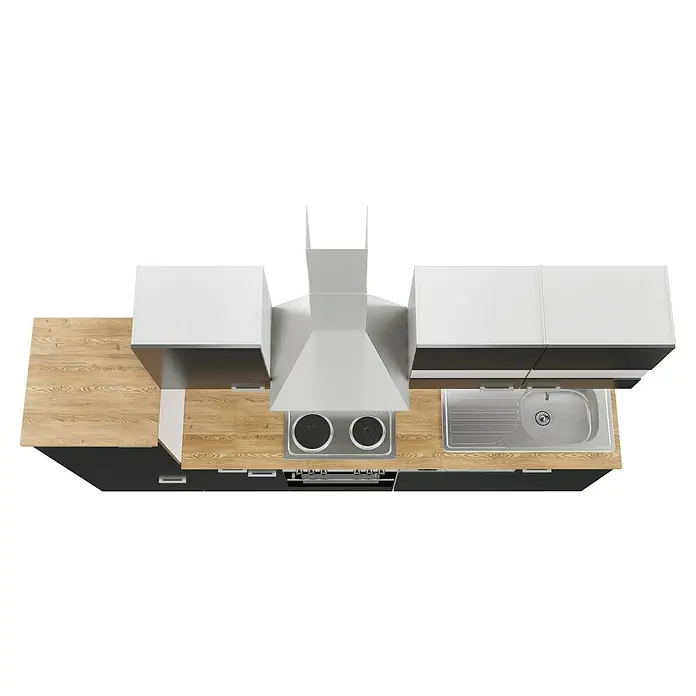 Respekta Küchenzeile Malia - Breite: 280 cm, Grau, Mit Elektrogeräten, Dekor Arbeitsplatte: Holzoptik, Volumen Backofen: 58 l - Draufsicht auf eine moderne Küche mit Spüle, Kochfeld und Dunstabzugshaube. Die Arbeitsplatte ist aus hellem Holz, die Schränke sind weiß und grau.