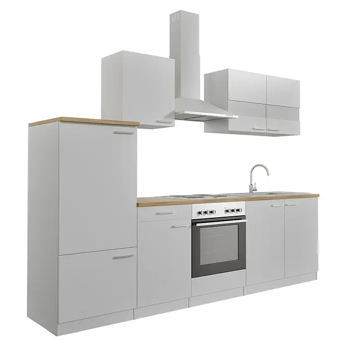 Respekta Küchenzeile Malia - Breite: 270 cm, Weiß, Mit Elektrogeräten, Dekor Arbeitsplatte: Holzoptik, Volumen Backofen: 58 l - Küchenmöbel mit weißen Schränken, Herd und Dunstabzugshaube für moderne Küchengestaltung.
