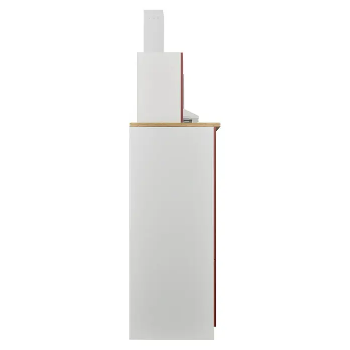 Respekta Küchenzeile Malia - Breite: 280 cm, Rot, Mit Elektrogeräten, Dekor Arbeitsplatte: Holzoptik, Volumen Backofen: 58 l - Eine Küchenhaube mit weißem Schrankkorpus und einem dekorativen Holzregal, die für eine saubere und stilvolle Küchenumgebung sorgt.