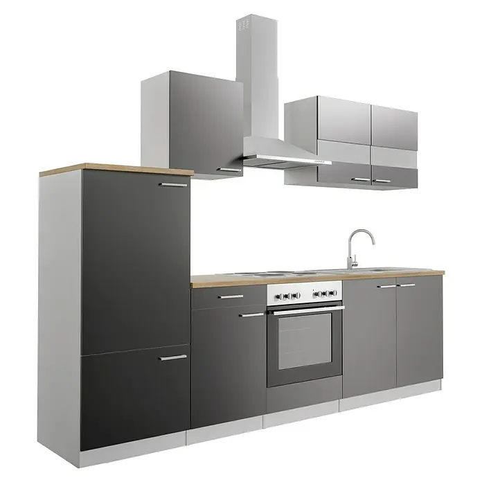 Respekta Küchenzeile Malia - Breite: 270 cm, Schwarz, Mit Elektrogeräten, Dekor Arbeitsplatte: Holzoptik, Volumen Backofen: 58 l - Abbildung einer modernen grauen Einbauküche mit weißen Akzenten, die ein Kochfeld, einen Backofen und eine Dunstabzugshaube umfasst.