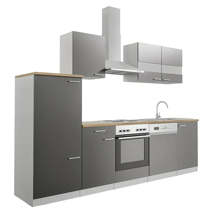Respekta Küchenzeile Malia - Breite: 280 cm, Grau, Mit Elektrogeräten, Dekor Arbeitsplatte: Holzoptik, Volumen Backofen: 58 l - Küchenzeile in Grau mit Holzplatte, Dunstabzugshaube und Hängeschränken für eine moderne Kücheneinrichtung.