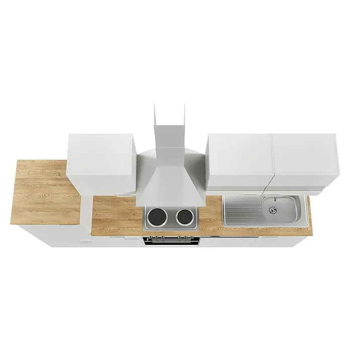 Respekta Küchenzeile Malia - Breite: 280 cm, Weiß, Mit Elektrogeräten, Dekor Arbeitsplatte: Holzoptik, Volumen Backofen: 58 l - Draufsicht auf eine moderne Küche mit Arbeitsplatte aus Holz, Spüle, Herd und Dunstabzugshaube in Weiß.
