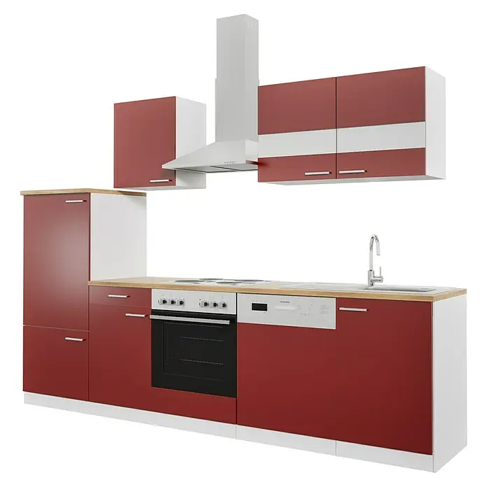 Respekta Küchenzeile Malia - Breite: 280 cm, Rot, Mit Elektrogeräten, Dekor Arbeitsplatte: Holzoptik, Volumen Backofen: 58 l - Elegante Küche in Rot und Weiß mit modernen Geräten. Die Küchenzeile bietet viel Stauraum und eine stilvolle Dunstabzugshaube.