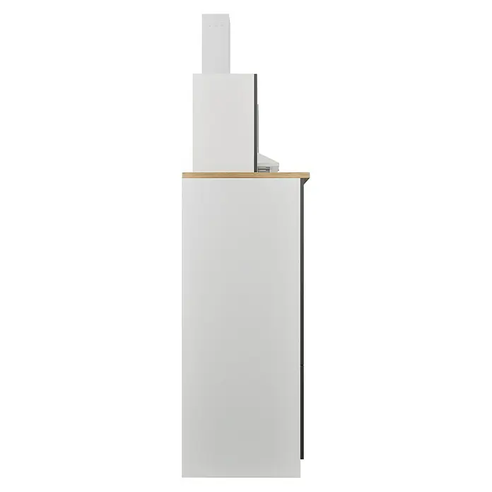 Respekta Küchenzeile Malia - Breite: 280 cm, Schwarz, Mit Elektrogeräten, Dekor Arbeitsplatte: Holzoptik, Volumen Backofen: 58 l - Ein hochformatiges Bild eines modernen, weißen Küchenschranks mit einem Dunstabzug, der sich darüber befindet, ideal für eine stilvolle Küchengestaltung.