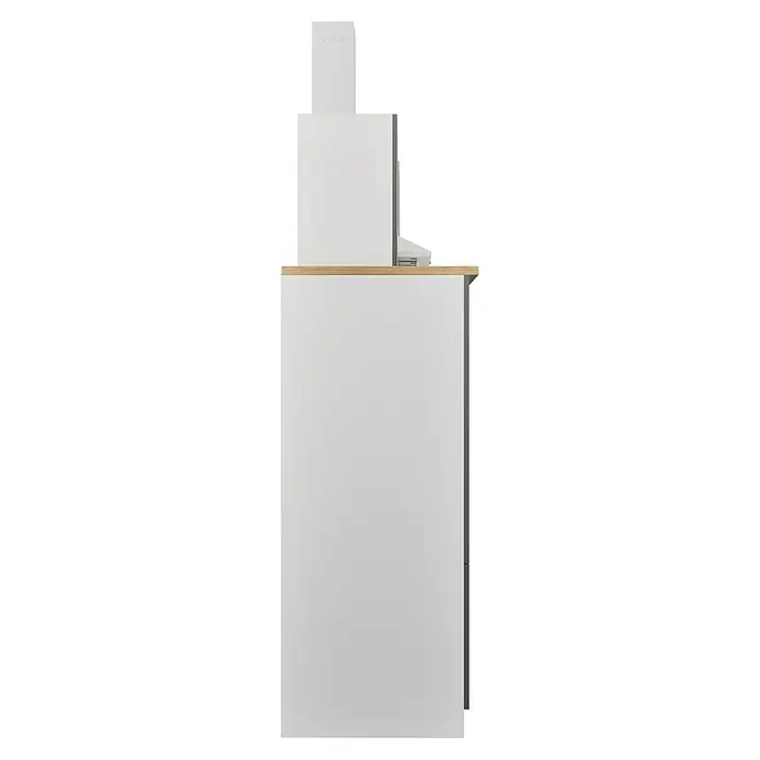 Respekta Küchenzeile Malia - Breite: 270 cm, Grau, Mit Elektrogeräten, Dekor Arbeitsplatte: Holzoptik, Volumen Backofen: 58 l - Einbaubackofen mit Dunstabzugshaube in modernem Weiß, ideal für eine stilvolle und funktionale Küchenausstattung.
