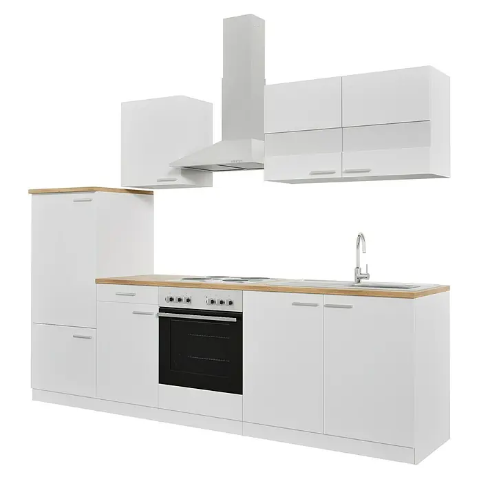 Respekta Küchenzeile Malia - Breite: 270 cm, Weiß, Mit Elektrogeräten, Dekor Arbeitsplatte: Holzoptik, Volumen Backofen: 58 l - Modern gestaltete Küche in Weiß mit hölzernen Arbeitsplatten, inklusive Herd, Ofen und Dunstabzugshaube. Stilvolles Küchendesign für Ihr Zuhause.