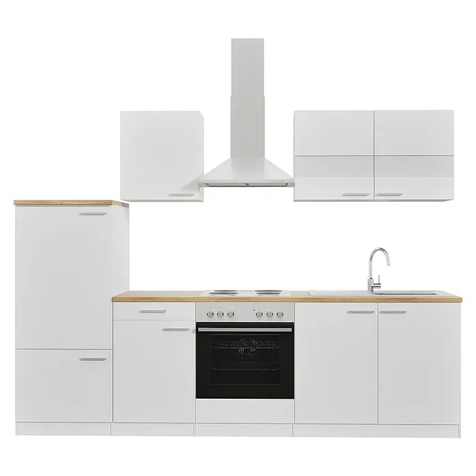 Respekta Küchenzeile Malia - Breite: 270 cm, Weiß, Mit Elektrogeräten, Dekor Arbeitsplatte: Holzoptik, Volumen Backofen: 58 l - Moderne Küche mit weißen Schränken, Dunstabzugshaube und Holz-Arbeitsplatte für einen stilvollen und funktionalen Raum.