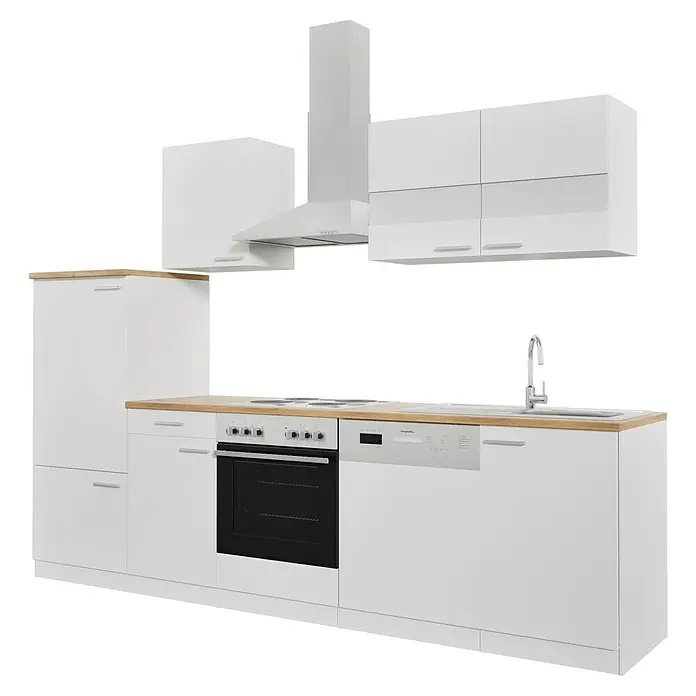 Respekta Küchenzeile Malia - Breite: 280 cm, Weiß, Mit Elektrogeräten, Dekor Arbeitsplatte: Holzoptik, Volumen Backofen: 58 l - Bild einer modernen Einbauküche in Weiß mit Holz-Arbeitsplatte, inklusive Herd, Spüle, Geschirrspüler und Dunstabzugshaube.