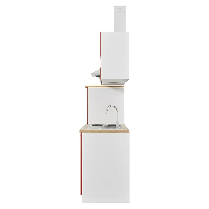 Respekta Küchenzeile Malia - Breite: 280 cm, Rot, Mit Elektrogeräten, Dekor Arbeitsplatte: Holzoptik, Volumen Backofen: 58 l - Kompakte Küchenzeile mit Spüle, Armatur, Holzplatte und weißen Schränken, ideal für kleine Räume oder als Ergänzung zu einer bestehenden Küche.
