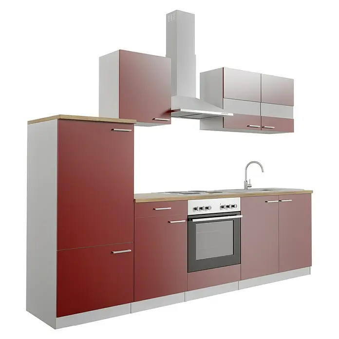 Respekta Küchenzeile Malia - Breite: 270 cm, Rot, Mit Elektrogeräten, Dekor Arbeitsplatte: Holzoptik, Volumen Backofen: 58 l - Eine moderne Küche in Rot und Weiß mit hellen Arbeitsplatten, bestehend aus Schränken, Dunstabzugshaube, Herd und Spüle.