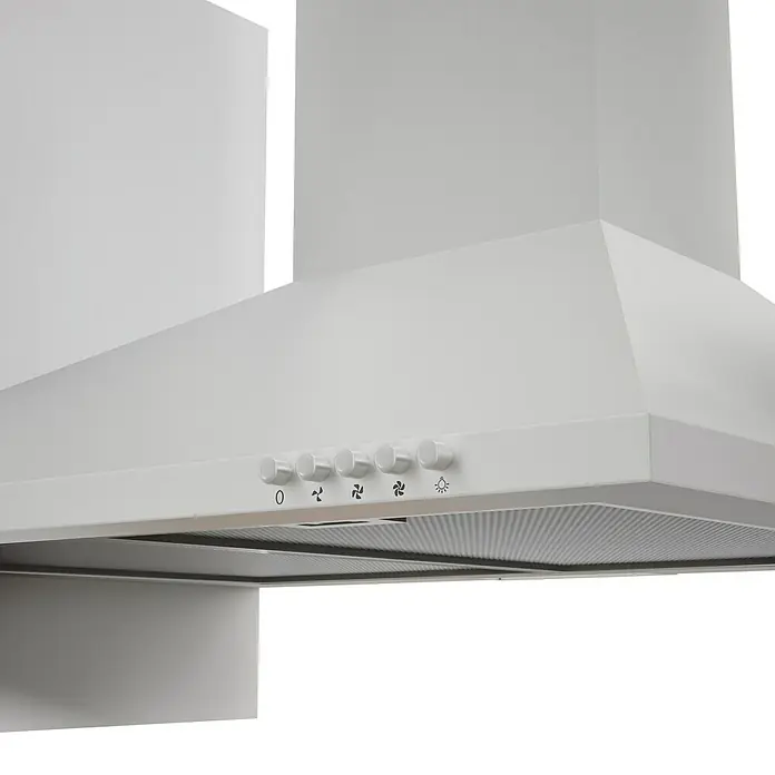 Respekta Küchenzeile Malia - Breite: 280 cm, Weiß, Mit Elektrogeräten, Dekor Arbeitsplatte: Holzoptik, Volumen Backofen: 58 l - Abgebildete Dunstabzugshaube in Weiß mit Bedienknöpfen. Sie ist für die Montage über einem Kochfeld konzipiert und sorgt für saubere Luft in der Küche.