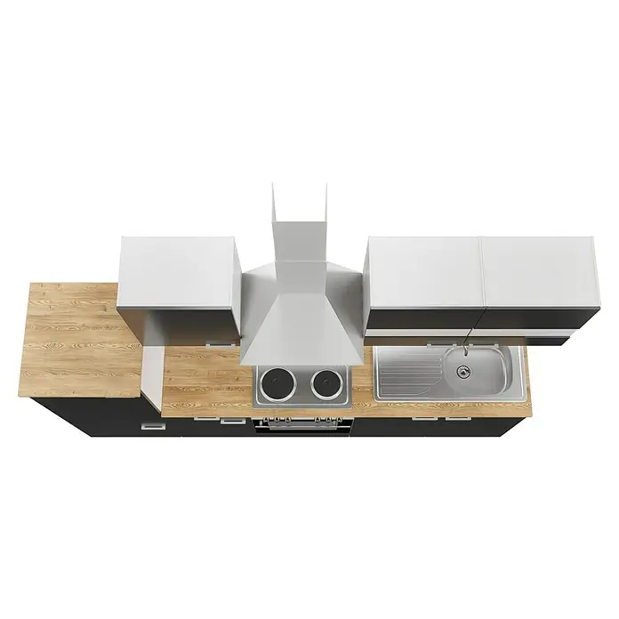 Respekta Küchenzeile Malia - Breite: 270 cm, Grau, Mit Elektrogeräten, Dekor Arbeitsplatte: Holzoptik, Volumen Backofen: 58 l - Draufsicht einer modernen Küche mit Kochfeld, Dunstabzugshaube, Spüle und Arbeitsflächen. Die Küche zeichnet sich durch ein stilvolles Design aus.