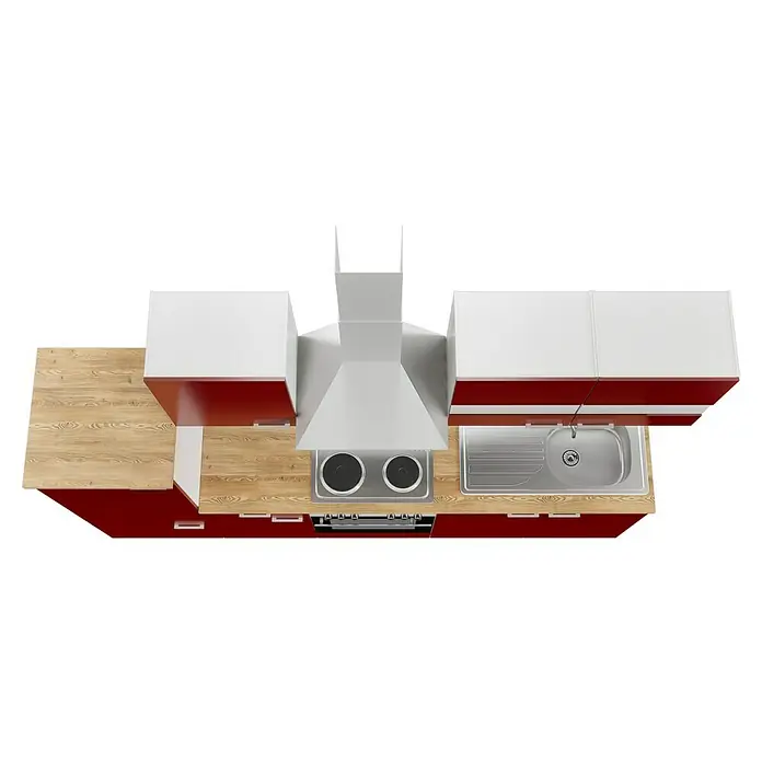 Respekta Küchenzeile Malia - Breite: 270 cm, Rot, Mit Elektrogeräten, Dekor Arbeitsplatte: Holzoptik, Volumen Backofen: 58 l - Draufsicht auf eine moderne, rot-weiße Küche mit Kochfeld, Dunstabzugshaube und Spüle. Das Design ist minimalistisch und funktional.