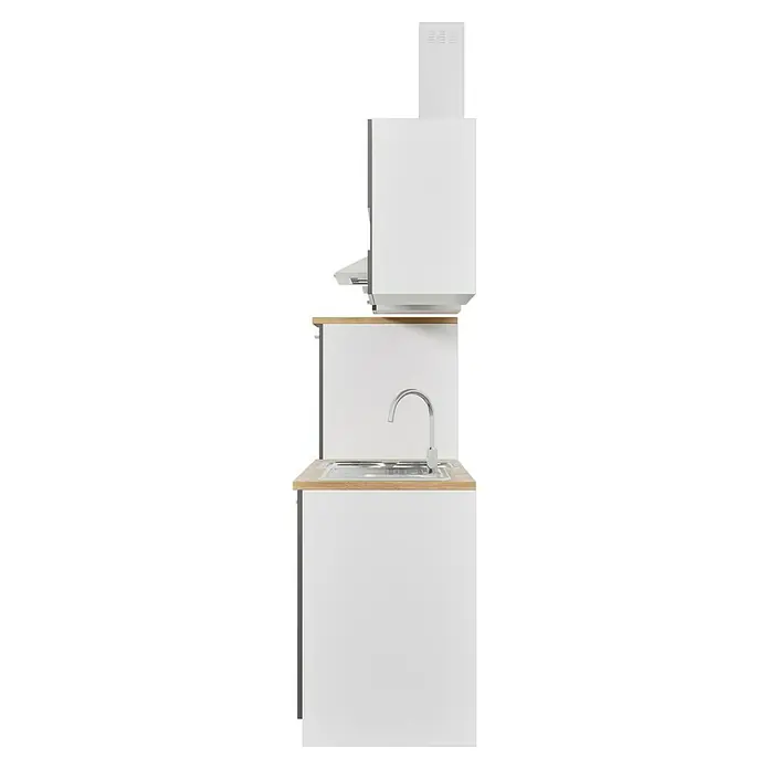 Respekta Küchenzeile Malia - Breite: 270 cm, Grau, Mit Elektrogeräten, Dekor Arbeitsplatte: Holzoptik, Volumen Backofen: 58 l - Ein kompakter Küchenblock in Weiß mit Spüle und Armatur sowie integrierten Geräten. Ideal für kleine Küchen oder als Ergänzung.