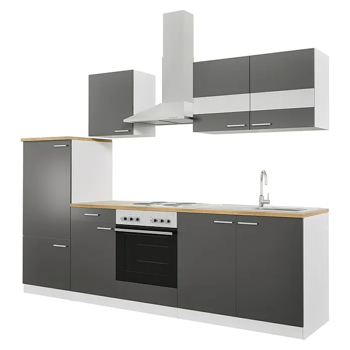 Respekta Küchenzeile Malia - Breite: 270 cm, Grau, Mit Elektrogeräten, Dekor Arbeitsplatte: Holzoptik, Volumen Backofen: 58 l - Abbildung einer modernen grauen Küche mit weißen Akzenten und einer hölzernen Arbeitsplatte.