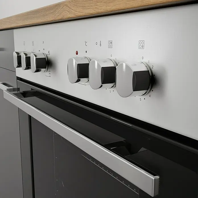 Respekta Küchenzeile Malia - Breite: 270 cm, Grau, Mit Elektrogeräten, Dekor Arbeitsplatte: Holzoptik, Volumen Backofen: 58 l - Nahaufnahme eines modernen Backofens mit silbernen Bedienelementen und einem dunklen Glasfenster, eingebaut in eine helle Holzarbeitsplatte.