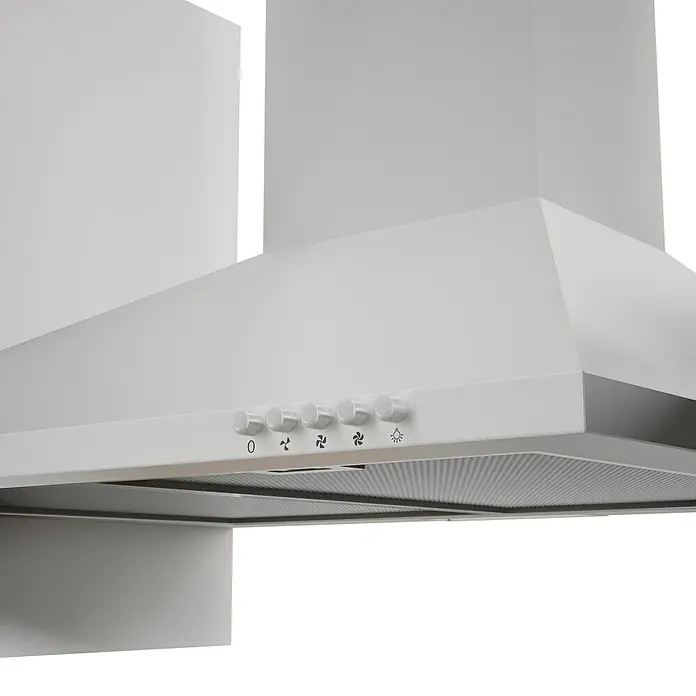 Respekta Küchenzeile Malia - Breite: 280 cm, Grau, Mit Elektrogeräten, Dekor Arbeitsplatte: Holzoptik, Volumen Backofen: 58 l - Nahaufnahme einer Dunstabzugshaube mit Drehknöpfen zur Steuerung der Lüftergeschwindigkeit und Beleuchtung.