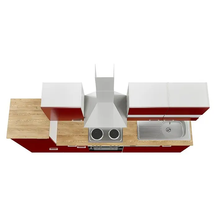 Respekta Küchenzeile Malia - Breite: 280 cm, Rot, Mit Elektrogeräten, Dekor Arbeitsplatte: Holzoptik, Volumen Backofen: 58 l - Draufsicht einer modernen Küche mit roten Unterschränken, weißen Hängeschränken, einer Dunstabzugshaube und einer Spüle.