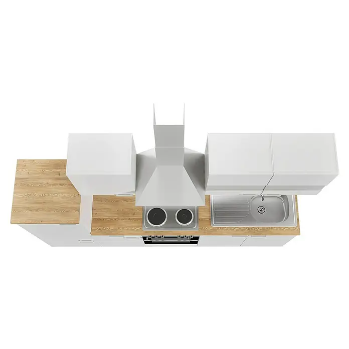 Respekta Küchenzeile Malia - Breite: 270 cm, Weiß, Mit Elektrogeräten, Dekor Arbeitsplatte: Holzoptik, Volumen Backofen: 58 l - Draufsicht einer modernen Küche mit weißen Schränken, Holz Arbeitsplatten, Spüle, Herd und Dunstabzugshaube.