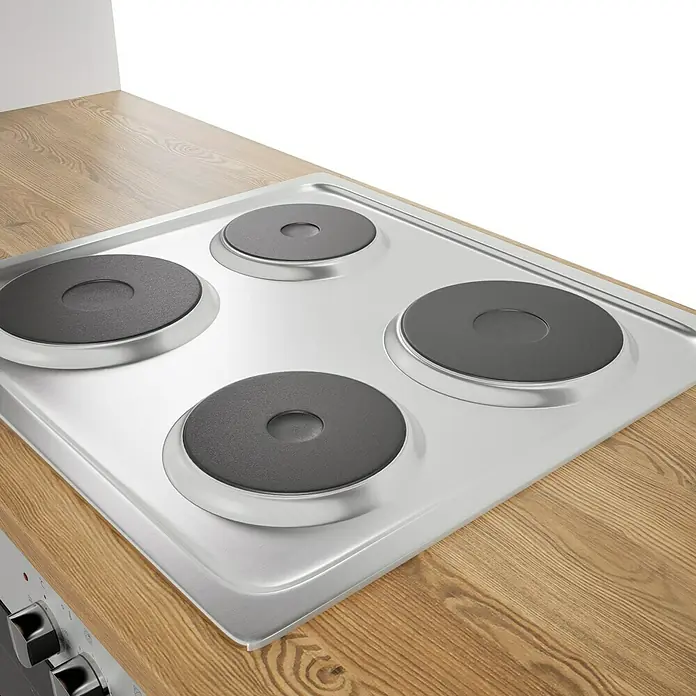 Respekta Küchenzeile Malia - Breite: 280 cm, Grau, Mit Elektrogeräten, Dekor Arbeitsplatte: Holzoptik, Volumen Backofen: 58 l - Nahaufnahme eines Kochfeldes mit vier Kochplatten, eingebaut in eine hölzerne Arbeitsplatte.