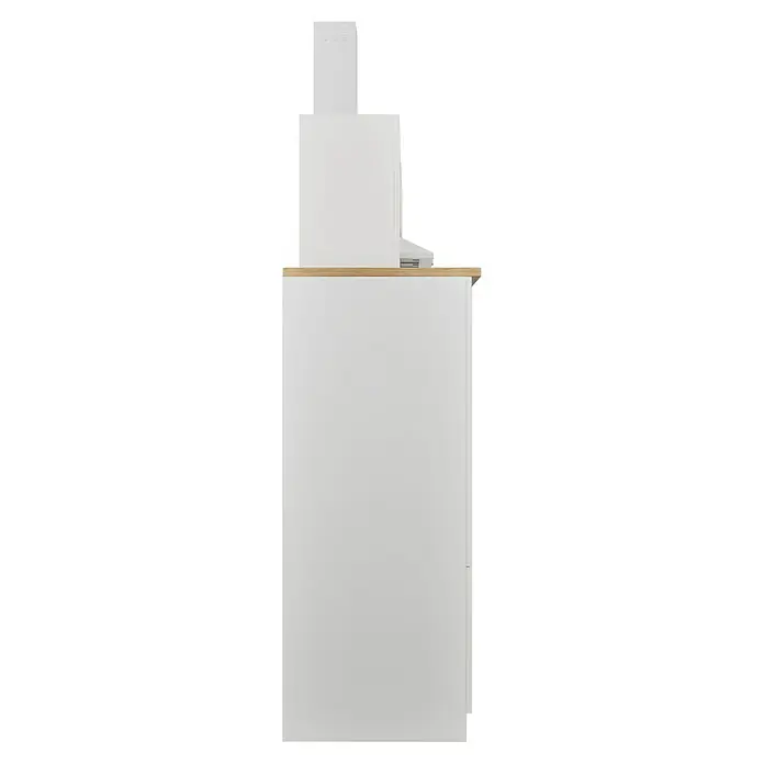 Respekta Küchenzeile Malia - Breite: 270 cm, Weiß, Mit Elektrogeräten, Dekor Arbeitsplatte: Holzoptik, Volumen Backofen: 58 l - Ein hochformatiges Bild zeigt einen modernen weißen Dunstabzug über einem hellen Holzschrank, minimalistisches Küchendesign, moderne Einrichtung.