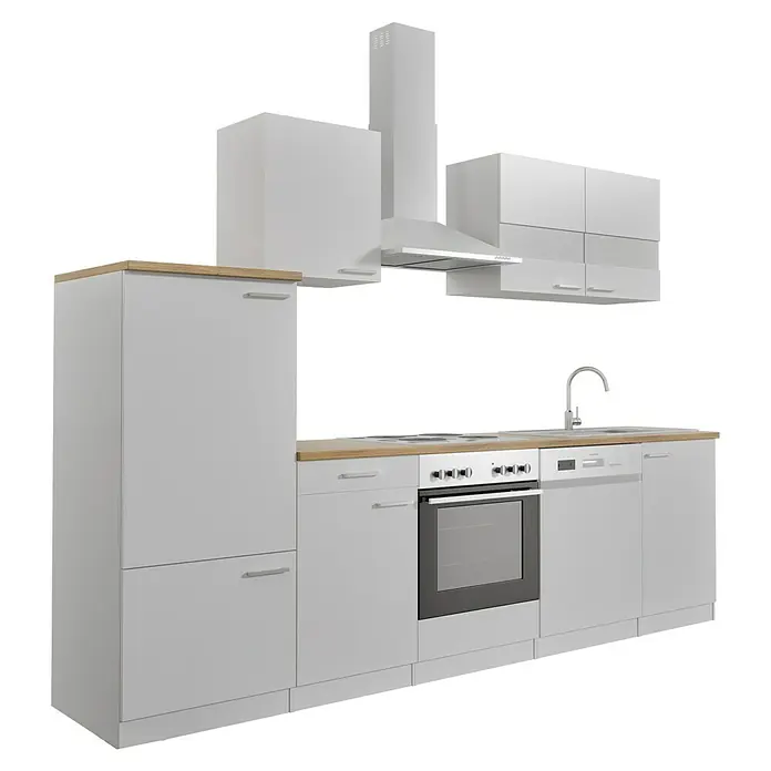 Respekta Küchenzeile Malia - Breite: 280 cm, Weiß, Mit Elektrogeräten, Dekor Arbeitsplatte: Holzoptik, Volumen Backofen: 58 l - Das Bild zeigt eine moderne Küchenzeile in Weiß mit hölzerner Arbeitsplatte, inklusive Herd, Spüle, Dunstabzugshaube und eingebauten Geräten.
