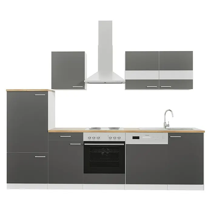 Respekta Küchenzeile Malia - Breite: 280 cm, Grau, Mit Elektrogeräten, Dekor Arbeitsplatte: Holzoptik, Volumen Backofen: 58 l - Küche mit grauen Schränken, hellem Holz und weißen Akzenten, inklusive Dunstabzugshaube und Einbaugeräten.