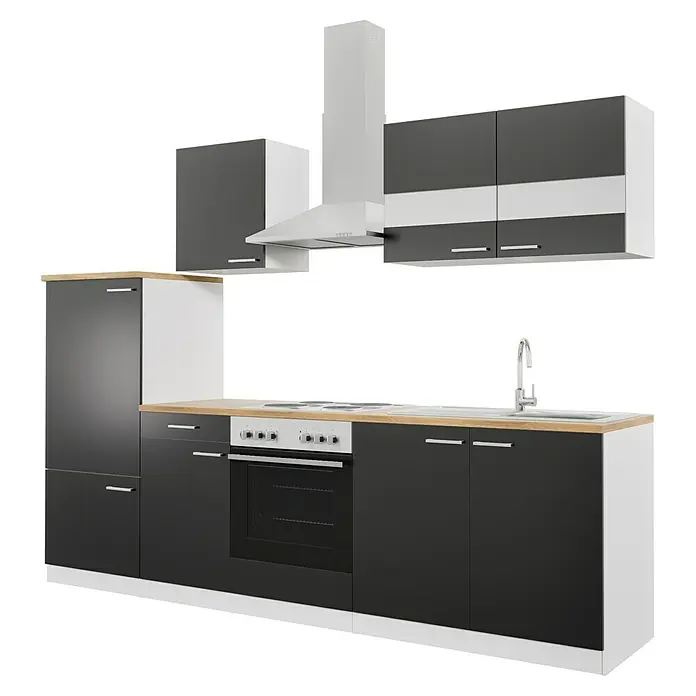 Respekta Küchenzeile Malia - Breite: 270 cm, Schwarz, Mit Elektrogeräten, Dekor Arbeitsplatte: Holzoptik, Volumen Backofen: 58 l - Küchenzeile in Grau und Weiß mit Holzarbeitsplatte, inklusive Spüle, Herd und Dunstabzugshaube für moderne Küchen.