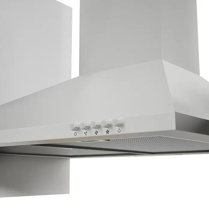 Respekta Küchenzeile Malia - Breite: 270 cm, Grau, Mit Elektrogeräten, Dekor Arbeitsplatte: Holzoptik, Volumen Backofen: 58 l - Nahaufnahme einer Dunstabzugshaube aus Edelstahl mit Steuerungsknöpfen. Praktisch für die Küche.