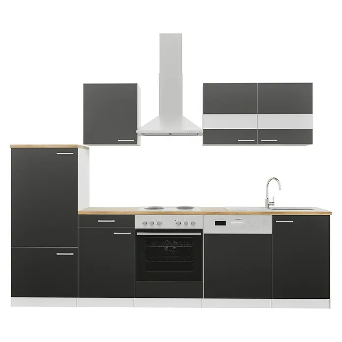 Respekta Küchenzeile Malia - Breite: 280 cm, Schwarz, Mit Elektrogeräten, Dekor Arbeitsplatte: Holzoptik, Volumen Backofen: 58 l - Küchenzeile in dunklem Grau mit Elektrogeräten und Holzarbeitsplatte für eine moderne Küchenausstattung.