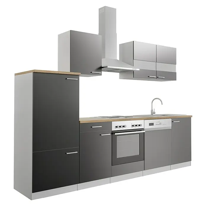 Respekta Küchenzeile Malia - Breite: 280 cm, Schwarz, Mit Elektrogeräten, Dekor Arbeitsplatte: Holzoptik, Volumen Backofen: 58 l - Moderne Küchenzeile in Grau mit Holz-Arbeitsplatte und Elektrogeräten wie Herd, Ofen und Dunstabzugshaube.